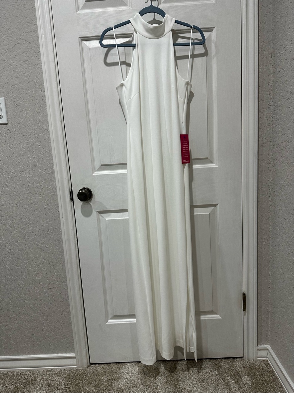 Badgley Mischka White High-Neck Column Formal Side Slit Gown NWT